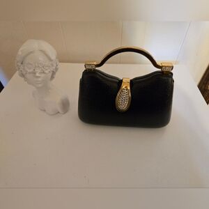 Elegant Black Lizard Print Top-Handle Bag with Gold  And Crystal Accents